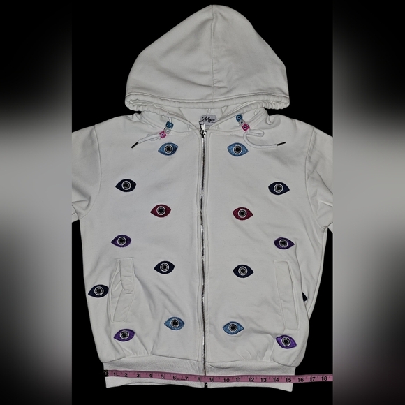 Lola + The Boys Evil Eye Hoodie Womens White Beaded Embroidered Zip Sz M - Picture 11 of 16